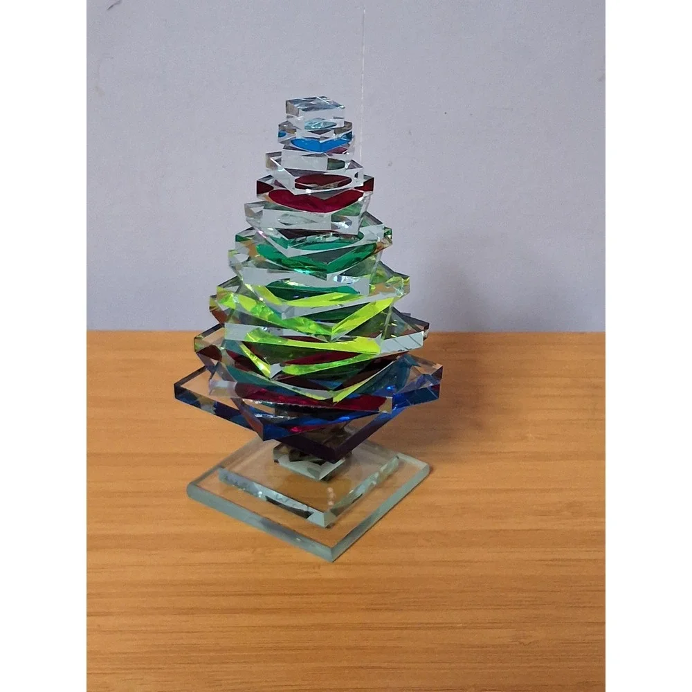 M+J G Signed Dichroic Art Glass Christmas Tree Figurine Iridescent
